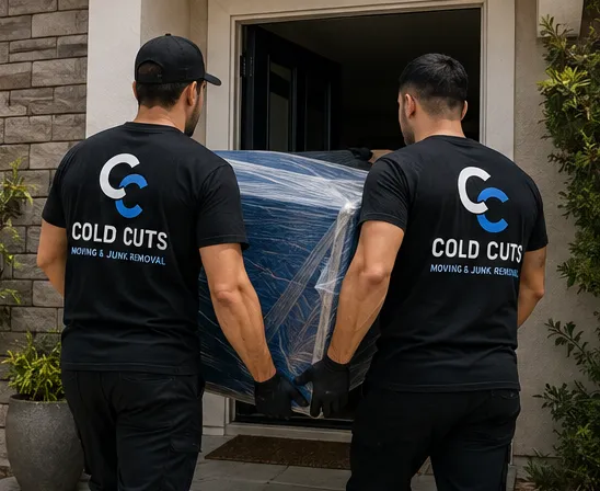 Two Cold Cuts crew members carrying a wrapped piece of furniture into a home